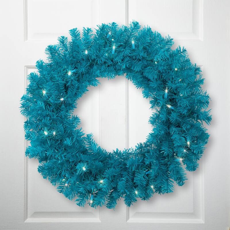 Pre-Lit Artificial Pine Christmas Wreath - 24" - Turquoise - Clear Lights