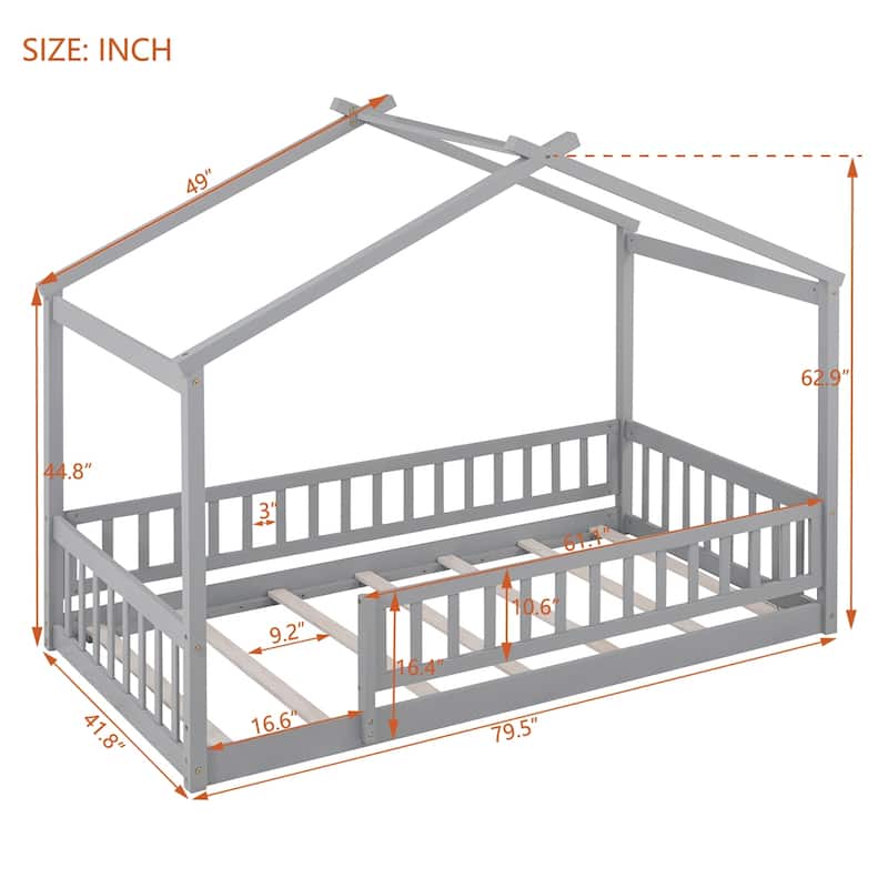 Twin Size Wood Bed House Bed Frame with Fence