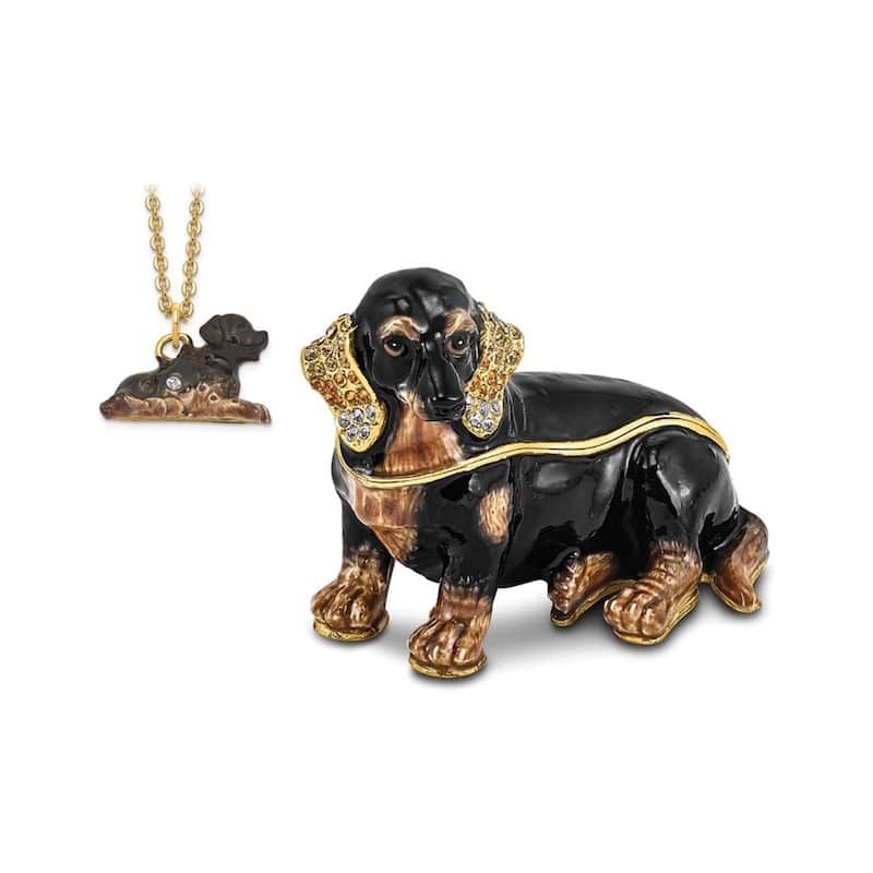 Curata Pewter Bejeweled Crystals Gold-Tone Enameled Regan Dachshund Trinket Box on 18 Inch Necklace