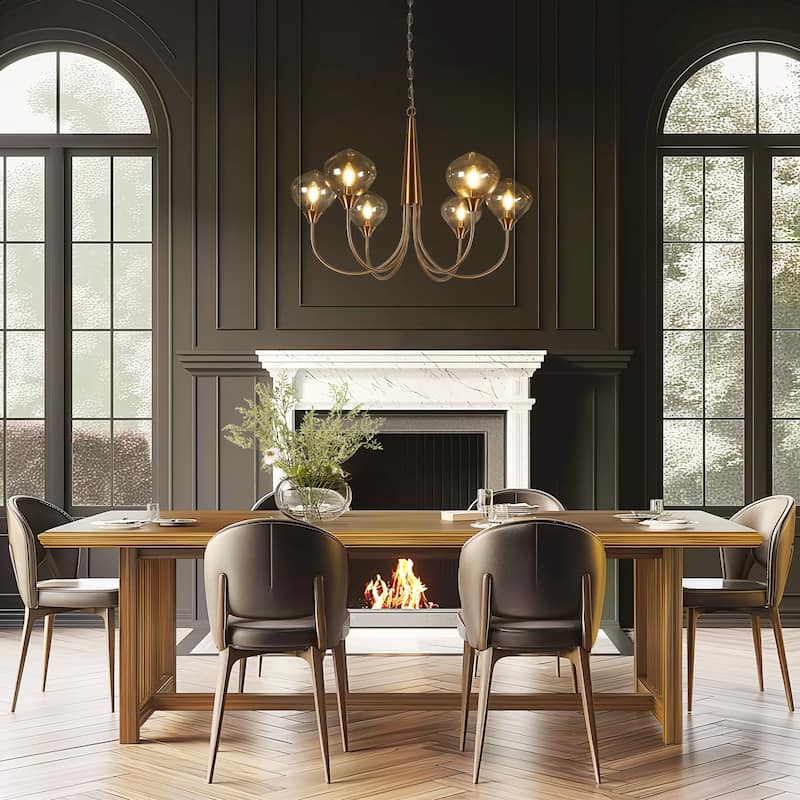 Celesn Modern Gold 6-Light Wheel Chandelier Glass Shade for Dining Living Room - D32" x H23"