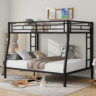 Black Full XL over Queen Size Metal Bunk Bed with Ladder & Guardrails for Kids