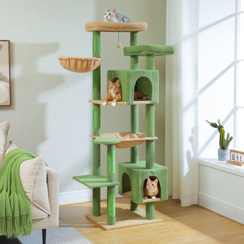 69" Tall Cat Tree Tower for Indoor Large Cats with Super Large Hammock, Scratching Posts, Condo House and Large Top Perch - Green