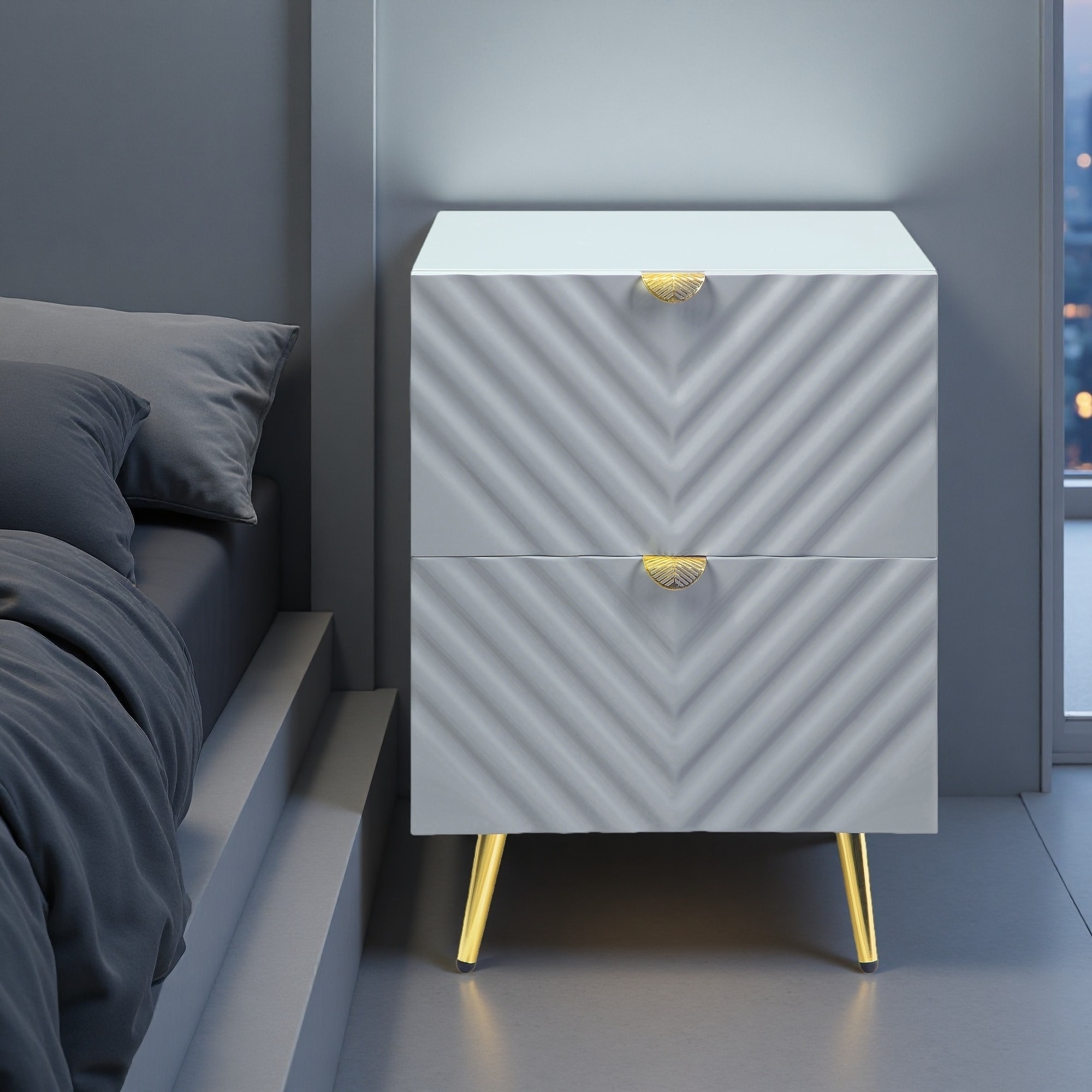 20"L Wood & Metal Nightstand with 2 Drawers, High Gloss Finish Wave Pattern Design Smooth Metal Glide, Industrial Bedroom Accent