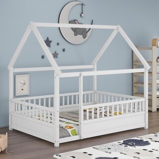 Full Size House Bed Kids Bed Toddler Floor Bed with Fence, White