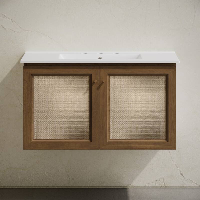 Classe 36" Wall-Mounted Bathroom Vanity In Brown Oak With Widespread Faucet Holes Vanity Top - 36