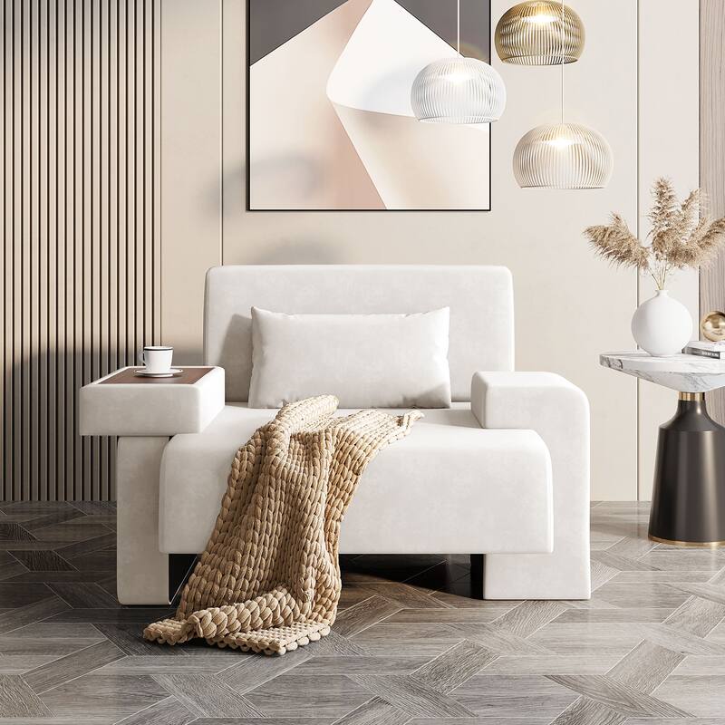 Modern Armchair Lounge Chair Sofa Chair with Built-In Storage, Wooden Table Armrest, Extra-Wide Seat