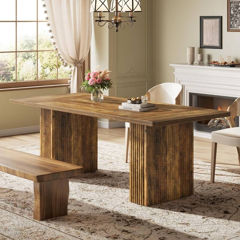 70.1'' Farmhouse Dining Table, Rustic Rectangle Wood Kitchen Table with Fluted Pedestal Base