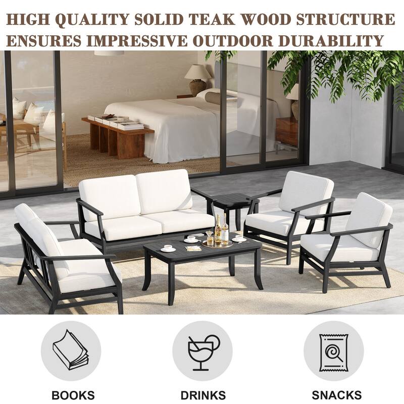 6-Seat Outdoor Teak Wood Patio Conversation Set with Cushions Tables