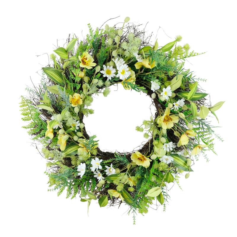 Daisy and Dogwood Artificial Floral Spring Wreath - 24" - White and Yellow