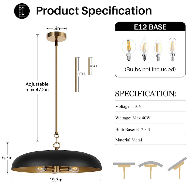 LamQee 20" Pendant Light Metal Dome Ceiling Hanging Lighting Chandelier - 19.7 inch