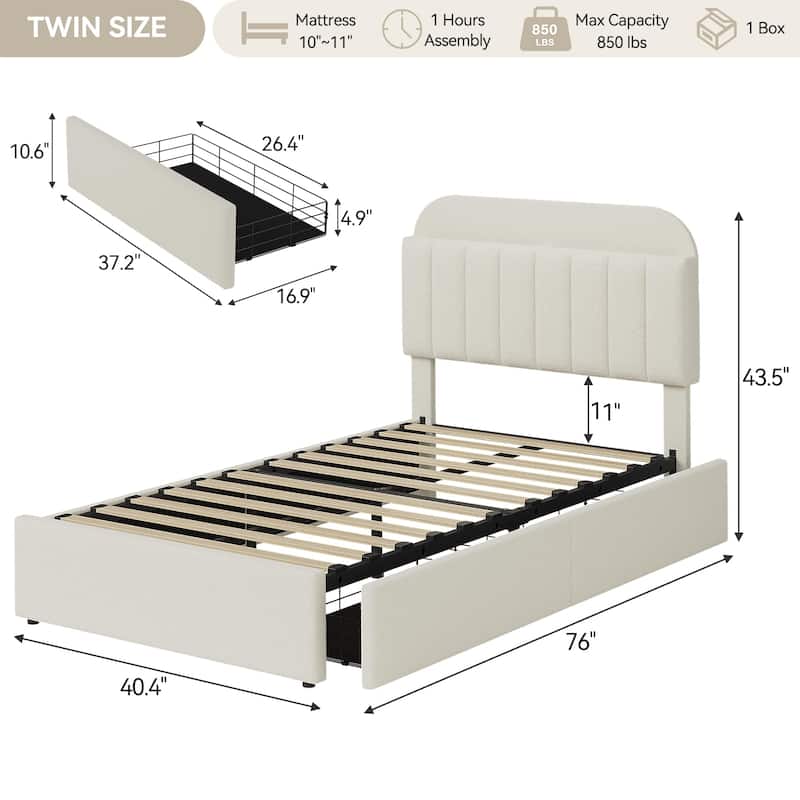 Twin/Full Bed Frame with 2 Flexible Drawers and Bookcase Headboard, Boucle Upholstered Platform Bed for Boys/Girls