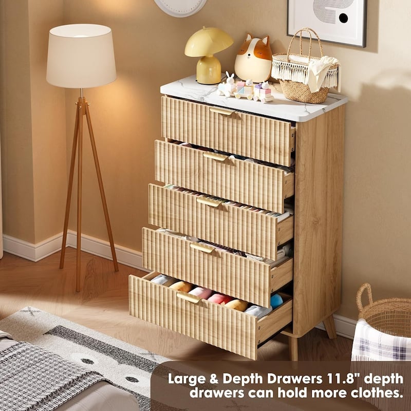 Modern Fluted 5 Drawers Dresser for Living Room, Bedroom