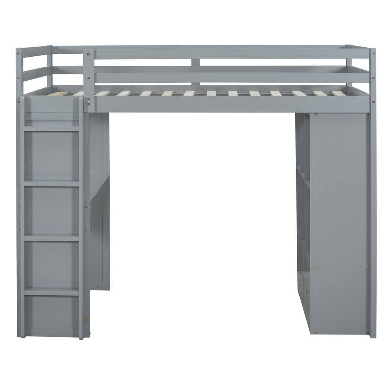 Twin Size Wooden Loft Bed with large shelves, writing desk and LED Light