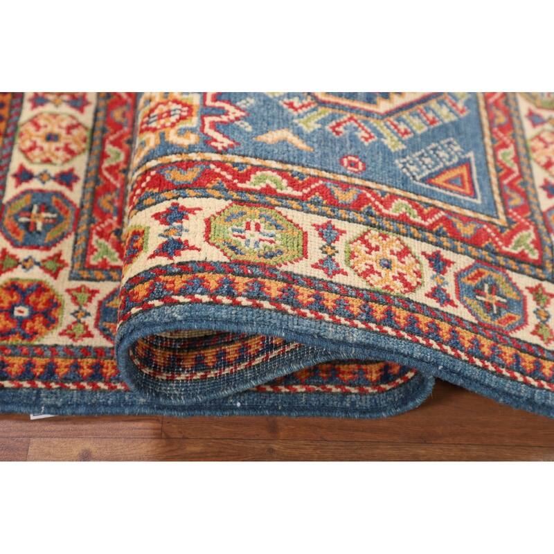 Blue Geometric Kazak Foyer Rug Handmade Bedroom Wool Carpet - 2'7" x 4'1"