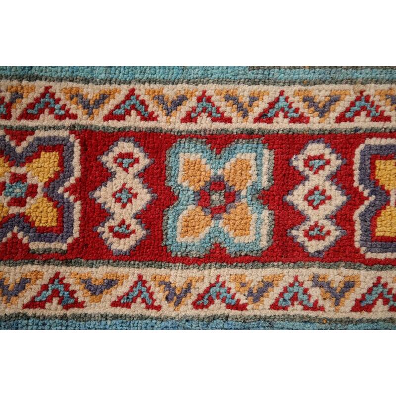 Geometric Blue Kazak Oriental Accent Rug Hand-Knotted Wool Carpet - 2'8" x 3'10"