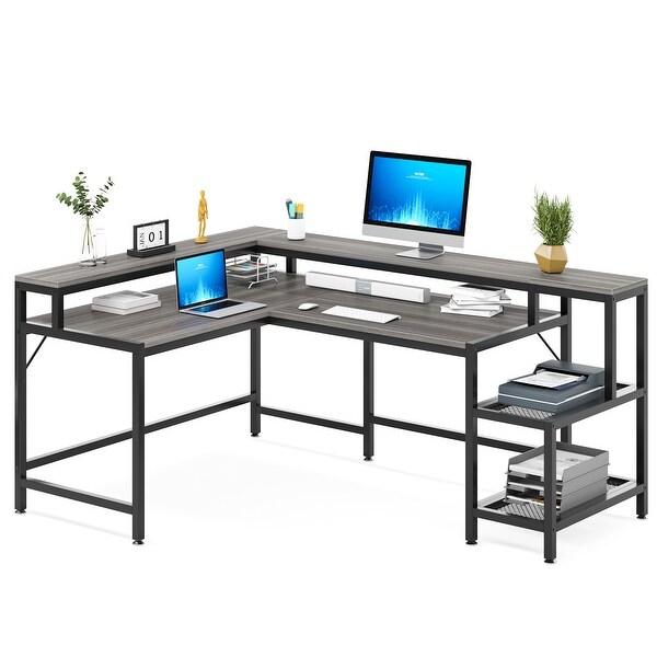 Reversible L Shaped Desk with Monitor Shoelf, Large Computer Reversible L Shaped Desk with Monitor Shoelf, Large Computer
