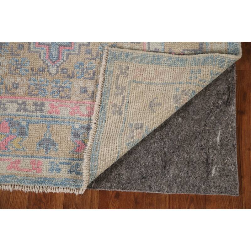 Handmade Vegetable Dye Oushak Turkish Runner Rug Blue Wool Carpet - 3'1"x 11'3"