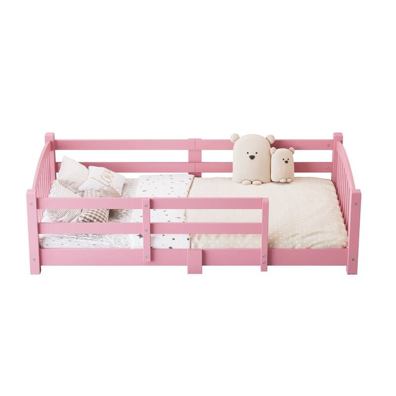 Roomfitters Montessori Floor Bed with Guardrails, Solid Wood Low Platform Bed with Slats, Easy Assembly