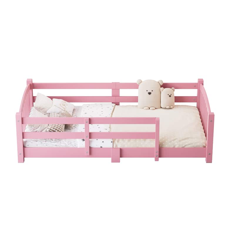 Solid Wood Floor Bed Montessori Bed with Safety Guardrails Without Door