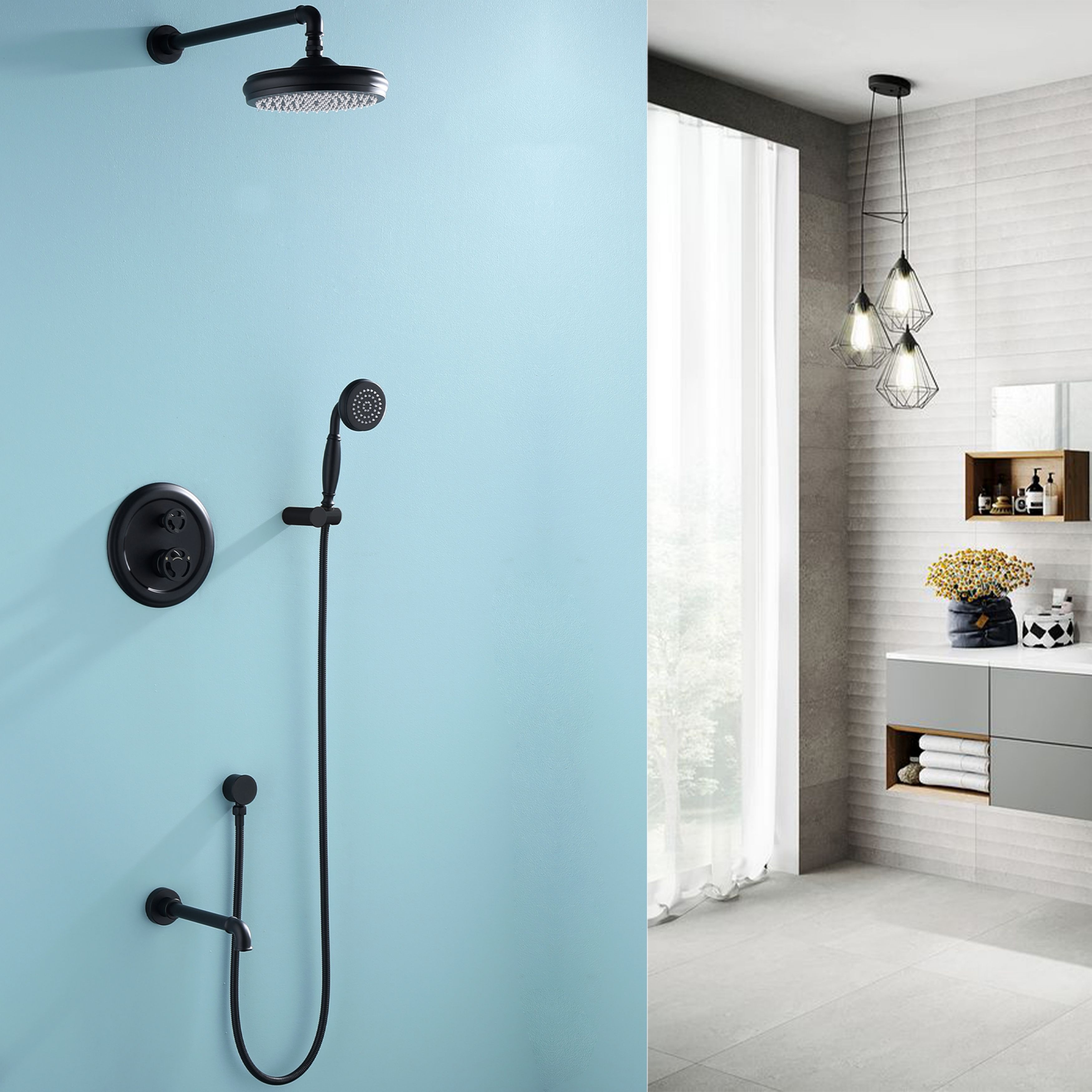 Luxury 2-Handle 3-Way Complete Rainfall Shower System with Rough-in Valve, Black