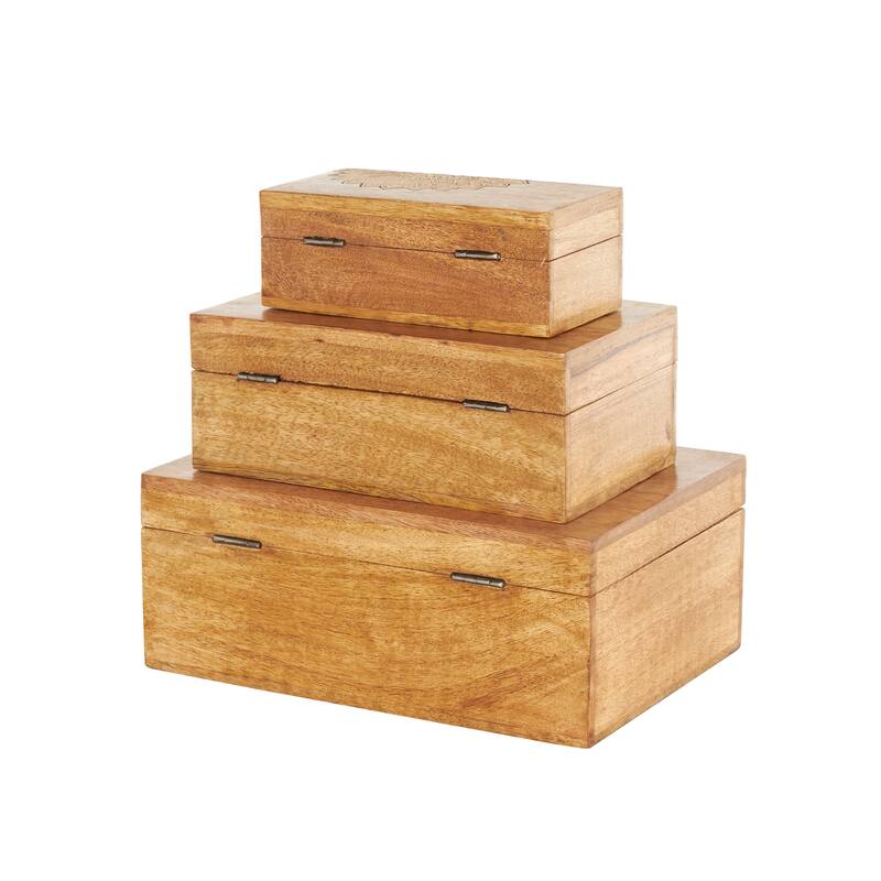 Brown Mango Wood Handmade Storage Scroll Box with Gold Accents (Set of 3)