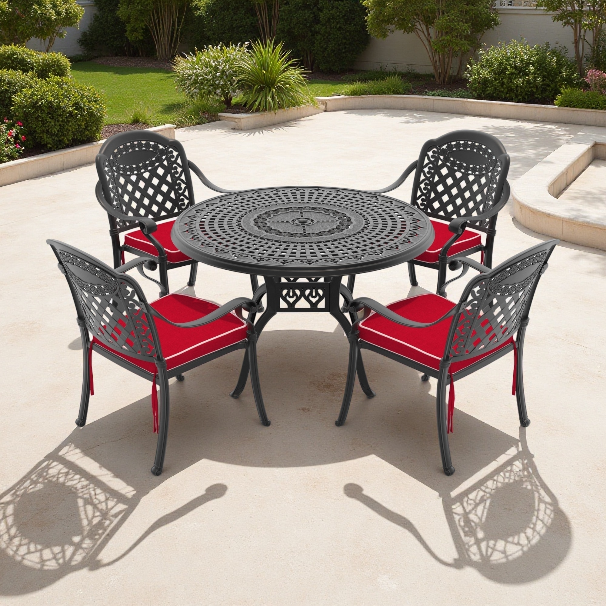 5-Piece Outdoor Patio Aluminum Dining Set with Round Table, Umbrella Hole and 4 Stacking Chairs with Cushions