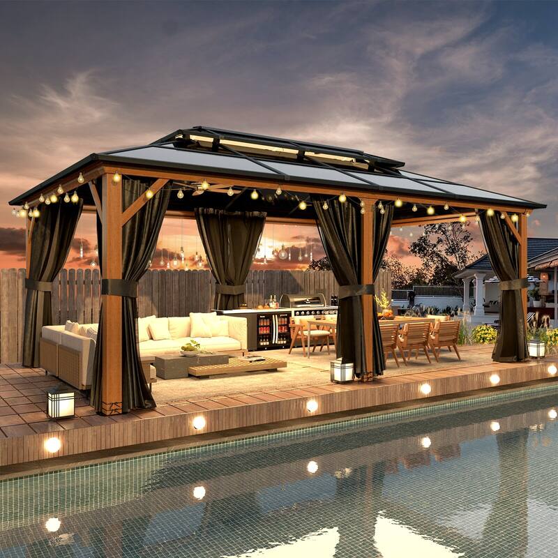 EROMMY Outdoor Wood Gazebo with Double Polycarbonate Roof, Heavy Duty Backyard Patio Pergola Canopy for Garden Shade