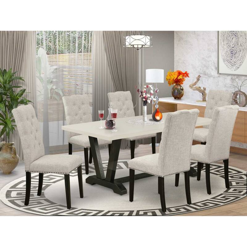 HomeStock 7-Pc Natural Oak Finish Solid Wood Top Dining Table with 6 Parson-Chairs