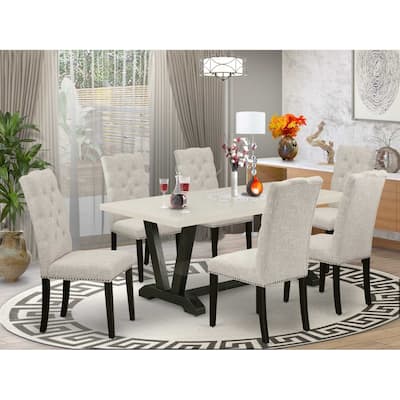 HomeStock 7-Pc Natural Oak Finish Solid Wood Top Dining Table with 6 Parson-Chairs