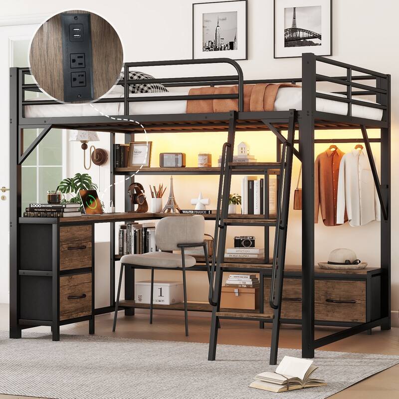 Multifunctional Loft Bed With Study Desk, LED Lighting, Built-In Shelves, Closet And Underbed Storage Drawers For Teens And Kids