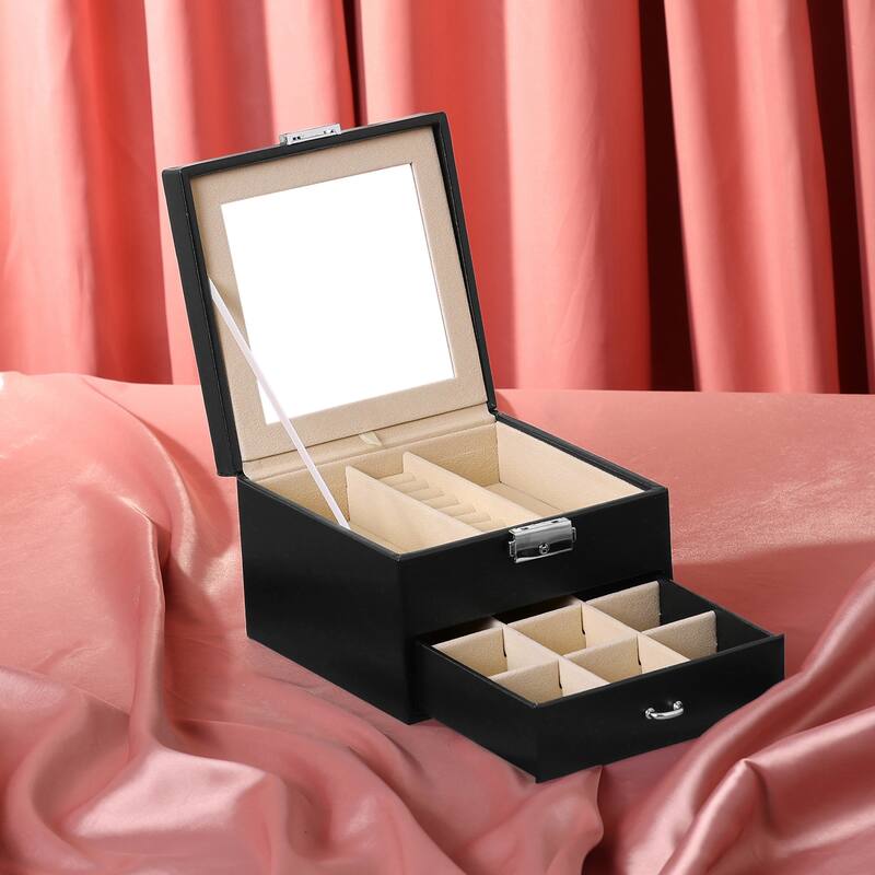 2 Layer Jewelry Box with Mirror for Women Girls Gifts, PU Leather Jewelry Organizer Case Storage Display Holder with Drawer