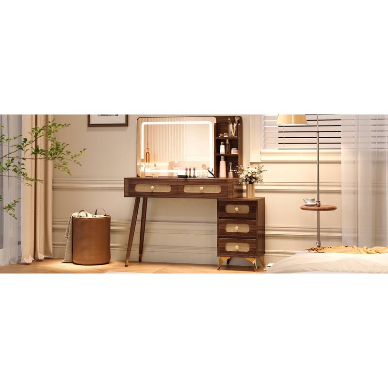 47"Makeup Vanity with Mirror and Lights, Vanity Desk with 5 Drawers and Storage Shelf, 3 Color Modes and Adjustable Brightness