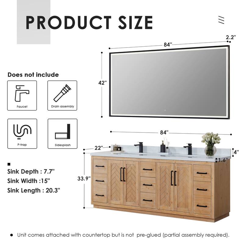 Anais Single Bathroom Vanity in Light Brown with Grain White Engineered Stone Countertop with Mirror