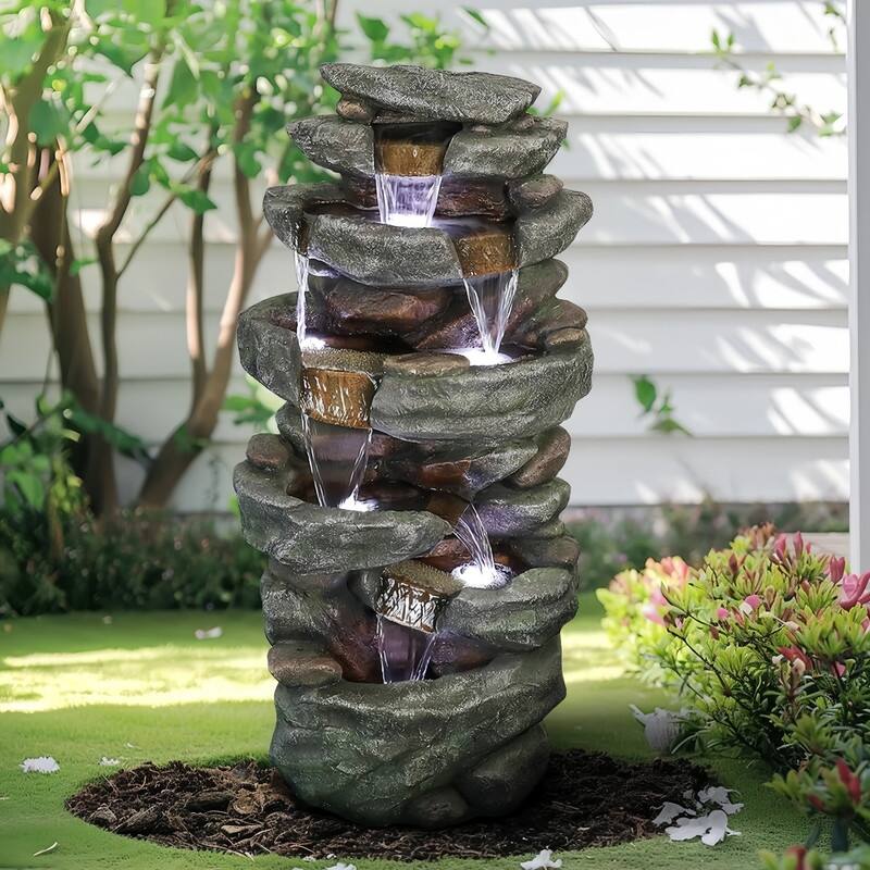 SunJet 40.5" Tall 6-Tier Rock Outdoor Fountain with LED Lights - 40.5'' H X 19.6'' W X 14'' D