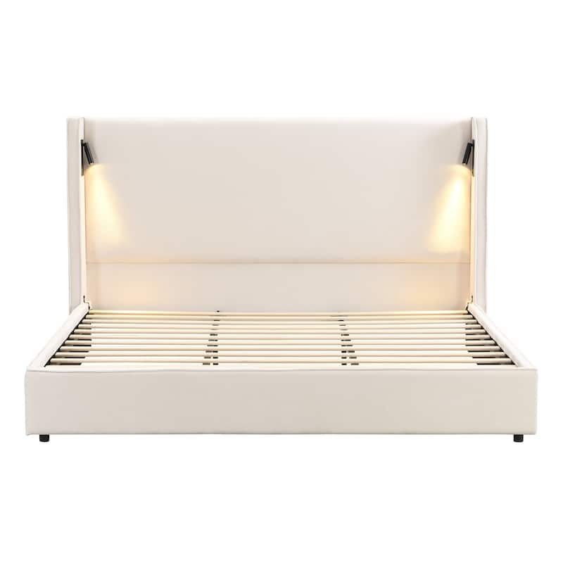 Roomfitters King Size Upholstered Platform Bed Frame with Wingback Headboard, Reading Light and USB Ports, Beige