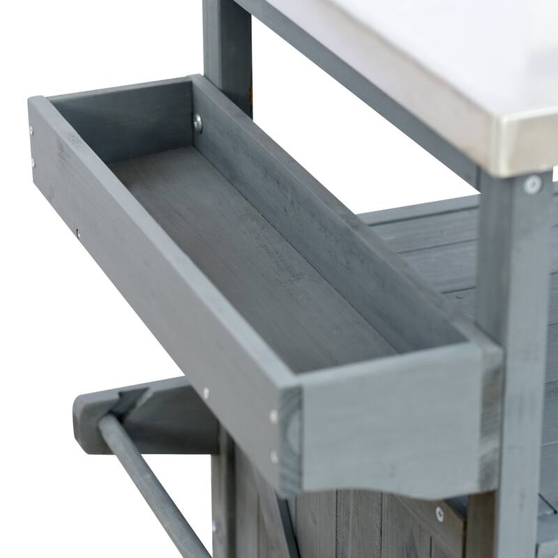 Outdoor Kitchen Island, Rolling Bar Cart & Grill Table, Outdoor Solid Wood Storage Cabinet with Stainless Steel Top for BBQ