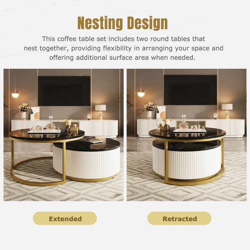 Modern Round Nesting Coffee Table Fluted with Drawer