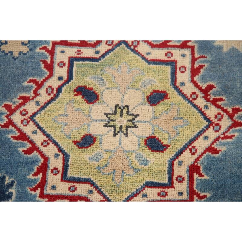 Hand Knotted Oriental 100% Wool Carpet Traditional Geometric Navy Blue & Blues Kazak Area Rug - 9' 10'' X 6' 8''