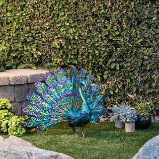 Alpine Corporation Tall Outdoor Metallic Peacock Standing Yard Statue Decoration, Multicolor