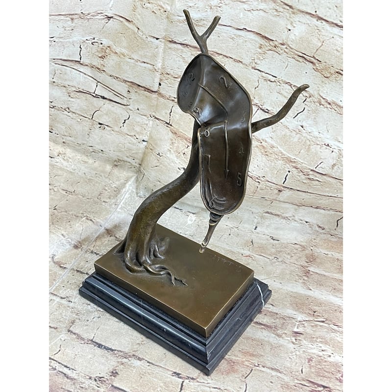 Bronze Surreal Melting Clock Sculpture Inspired By Dali On Marble Base