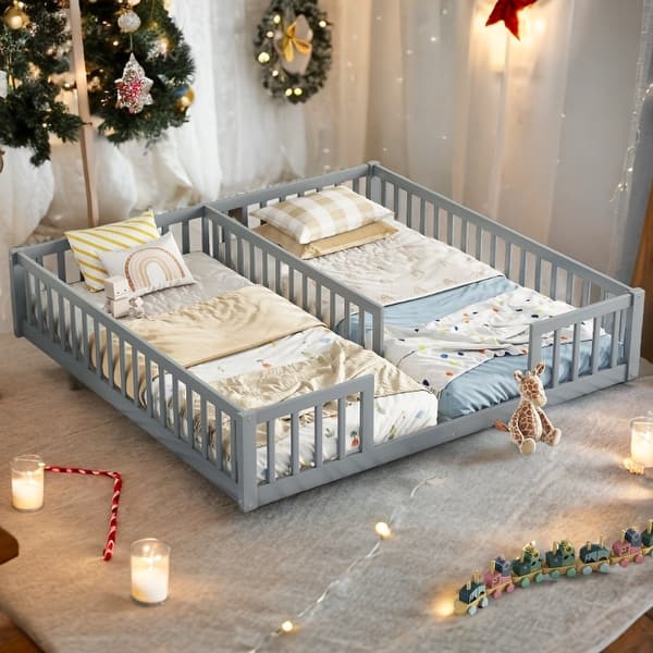 slide 2 of 52, Two Twin Floor Bed with Fence,Guardrails Grey