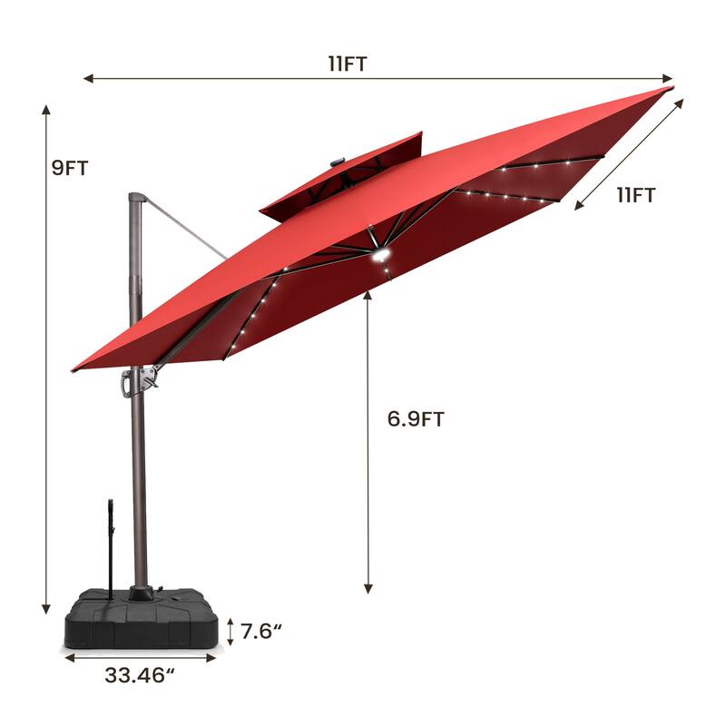 11 FT Square Outdoor Patio Cantilever Umbrella with Solar Lights Rod Wheel Base Double Canopy 360 Rotation Tilt