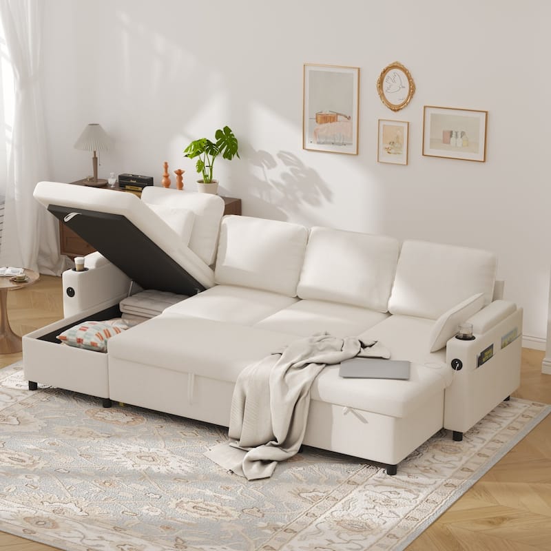 Convertible Sleeper Sofa 3-in-1 Pull Out Sectional Sofa Bed L/U-Shaped Couch with Storage Chaise