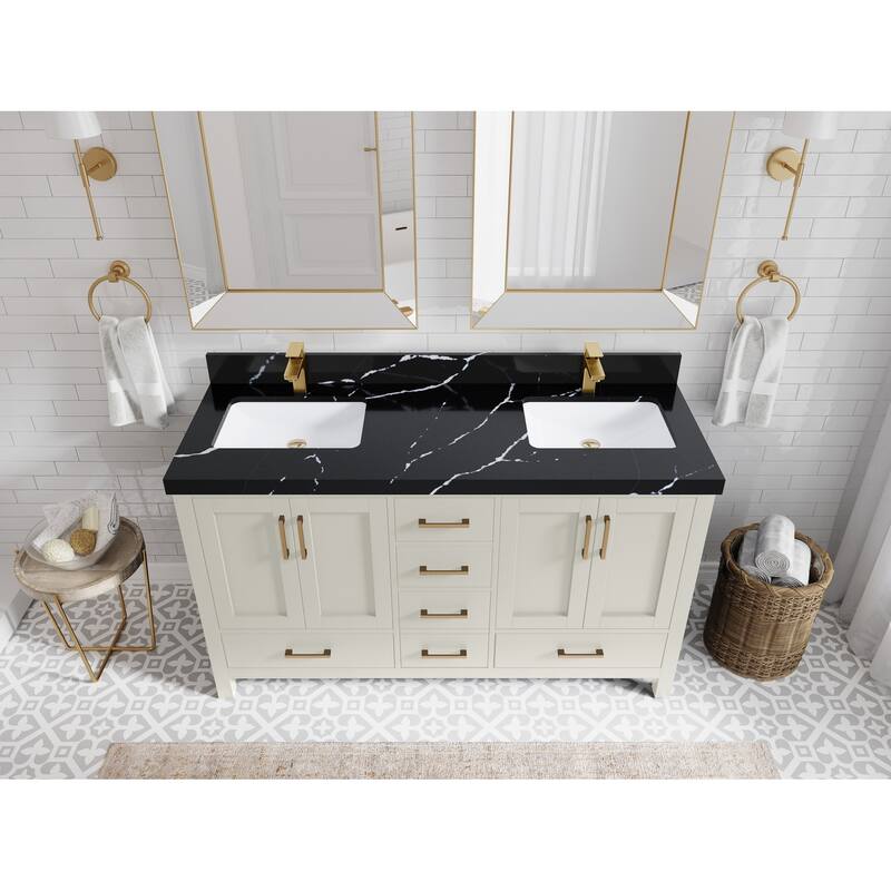 Willow Collections 60 in. W x 22 in. D Malibu Double Sink Bathroom Vanity with Countertop - 2" Calacatta Black - Finegrain