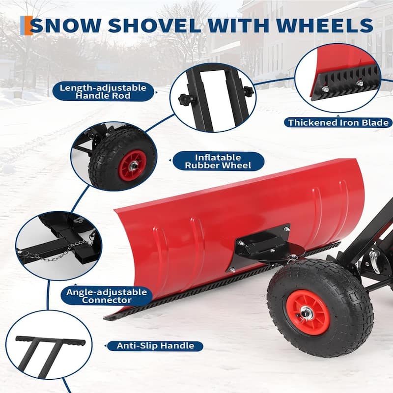 29x14 In Heavy Duty Rolling Snow Shovel With Wheels Double Armrests - 29x14 In