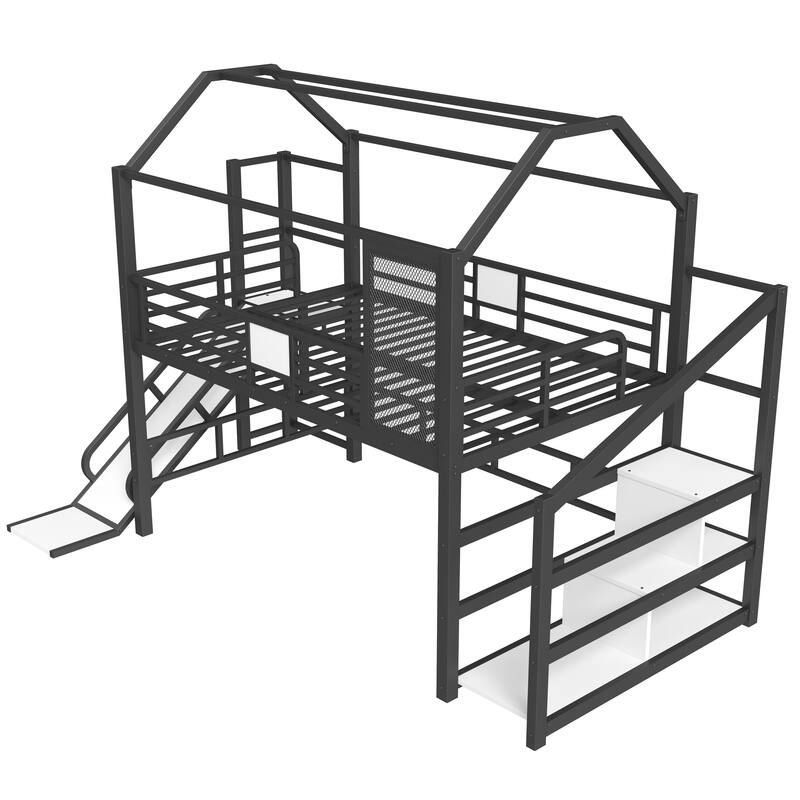 Full House Loft bed with Slide and Stairs, Metal Playhouse Bed with Storage Shelves, House-shaped Roof and Noise-free Design