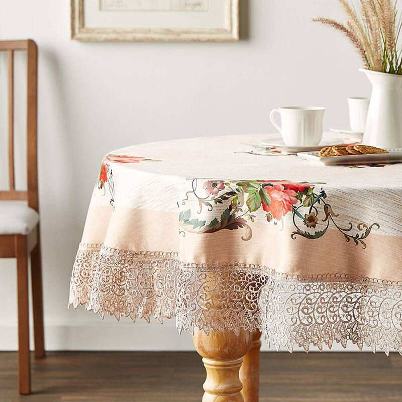 Violet Linen Ascott Printed Decorative with Lace Trimming Pattern Tablecloth - 70" Round - Ivory
