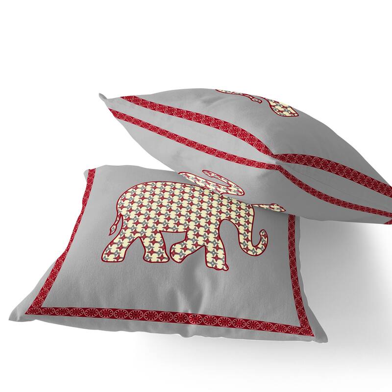 HomeRoots Set of Two 16" X 16" Gray and Red Elephant Blown Seam Animal Print Indoor Outdoor Throw Pillow