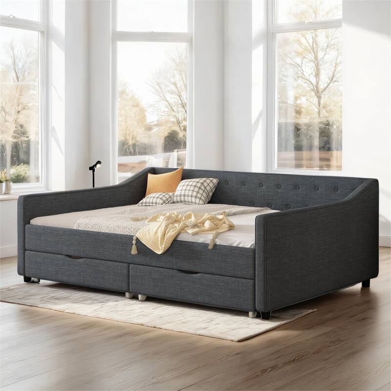 Upholstered Tufted Full Size Daybed with Drawers, Button on Back