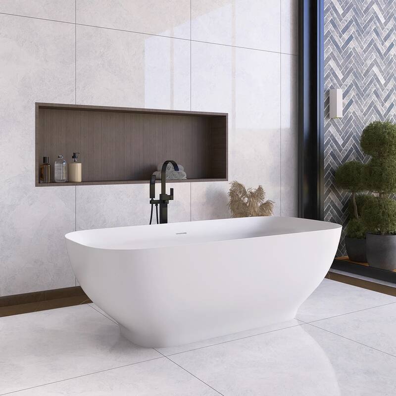 Stone Resin Freestanding Soaking Bathtub with Overflow in Matte White